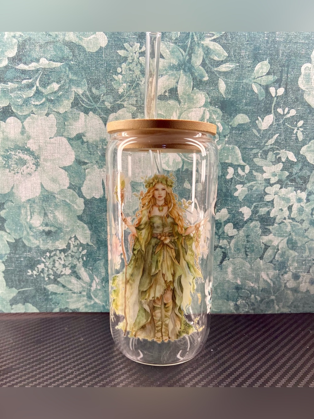 Clear Glass Tumbler with Green Fairy Illustration and Bamboo Lid